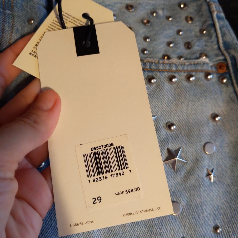LEVI'S HIGH RISE NON STRETCH SHORTS JEAN WITH RHINESTONES,SIZE 29,NEW - Picture 14 of 15